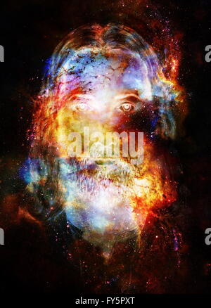 Jesus Christ painting with radiant colorful energy of light in cosmic space, eye contact. Stock Photo