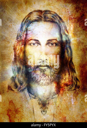 Jesus Christ painting with radiant colorful energy of light, eye contact. Stock Photo