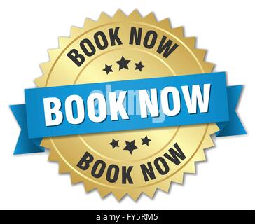book now 3d gold badge with blue ribbon Stock Vector
