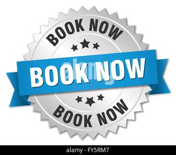 book now 3d silver badge with blue ribbon Stock Vector