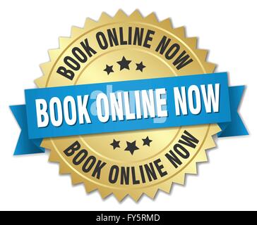 book online now 3d gold badge with blue ribbon Stock Vector