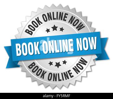 book online now 3d silver badge with blue ribbon Stock Vector