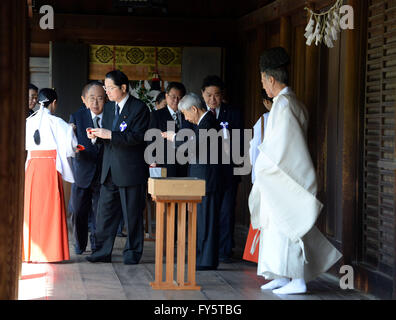 Tokyo, Japan. 22nd Apr, 2016. Japanese lawmakers visit Yasukuni Shrine in Tokyo, capital of Japan, on April 22, 2016. A group of around 90 Japanese lawmakers, including a senior member of Prime Minister Shinzo Abe's Cabinet, on Friday visited the controversial war-linked Yasukuni Shrine which stands as a symbol of Japan's militarism and honors its war dead including criminals convicted by an international tribunal. © Ma Ping/Xinhua/Alamy Live News Stock Photo