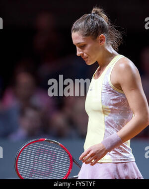 Stuttgart, Germany. 21st Apr, 2016. Andrea Petkovic of Germany reacts during the round of sixteen match against Radwanska of Poland during the Porsche Tennis Grand Prix in Stuttgart, Germany, 21 April 2016. Photo: Daniel Maurer/dpa/Alamy Live News Stock Photo