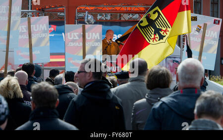 Stralsund, Germany. 23rd Apr, 2016. Alexander Gauland, federal deputy spokesman of the Alternative for Germany party (AfD), speaking of followers of the right-conservative party in Stralsund, Germany, 23 April 2016. PHOTO: STEFAN SAUER/dpa/Alamy Live News Stock Photo