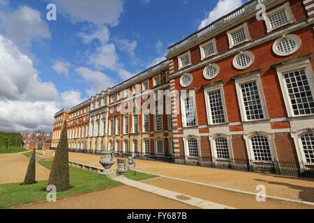 Hampton Court Palace, London, UK. 23rd April 2016. The beautifully designed privvy garden and the southern facade of Hampton Court Palace. After an online campaign by local residents to retain free access to the Palace Formal Gardens, HRP at Hampton Court have kindly agreed to allow free access between 9 and 10am every day. So get up early and enjoy a stroll, and be king or queen of the garden for an hour. I was the only person there other than two groundsmen! Stock Photo