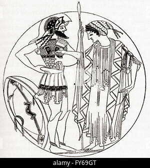 Greek woman pouring a libation, from an ancient vase drawing. A libation is a ritual pouring of a liquid as an offering to a god or spirit or in memory of those who have died. Stock Photo
