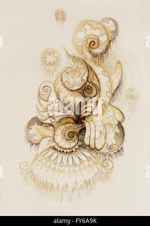 ornamental filigran drawing on paper with flower and flame structure ...