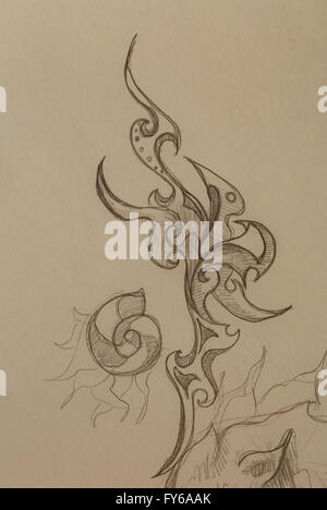 ornamental filigran drawing on paper with spirals, flower petals and ...