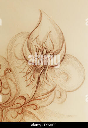 ornamental filigran drawing on paper with flower and flame structure ...