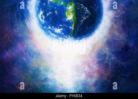 Planet earth in light, Cosmic Space background. Original painting on canvas. Earth concept. Stock Photo