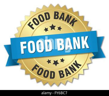 food bank 3d gold badge with blue ribbon Stock Vector