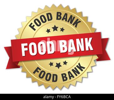 food bank 3d gold badge with red ribbon Stock Vector