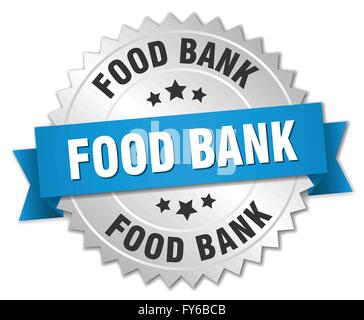 food bank 3d silver badge with blue ribbon Stock Vector