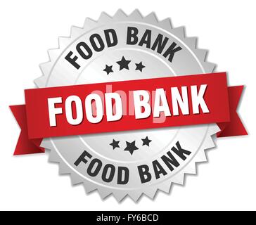 food bank 3d silver badge with red ribbon Stock Vector