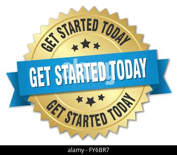 get started today 3d gold badge with blue ribbon Stock Vector
