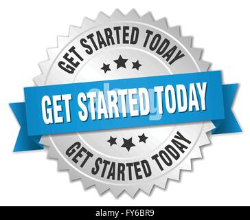 get started today 3d silver badge with blue ribbon Stock Vector