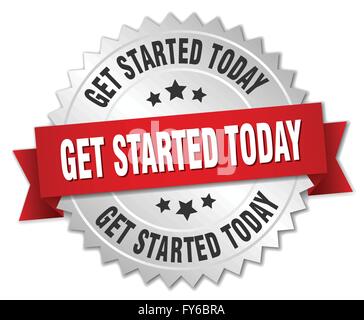 get started today 3d silver badge with red ribbon Stock Vector