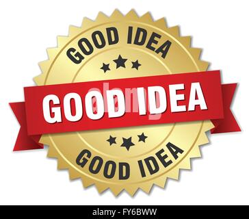 good idea 3d gold badge with red ribbon Stock Vector
