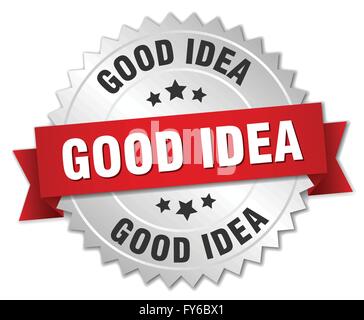 good idea 3d silver badge with red ribbon Stock Vector