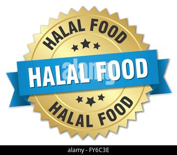 halal food 3d gold badge with blue ribbon Stock Vector