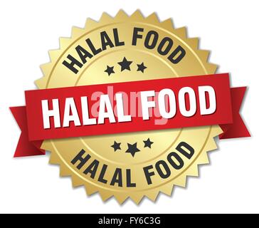 halal food 3d gold badge with red ribbon Stock Vector