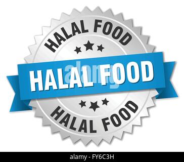 halal food 3d silver badge with blue ribbon Stock Vector