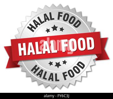 halal food 3d silver badge with red ribbon Stock Vector