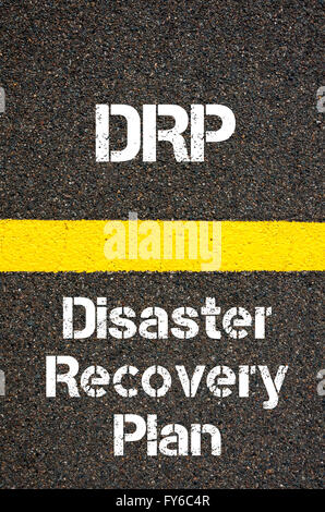 Concept image of Business Acronym DRP Disaster Recovery Plan written over road marking yellow paint line Stock Photo