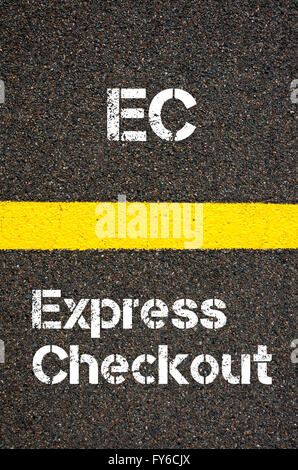 Concept image of Business Acronym EC Express Checkout written over road marking yellow paint line Stock Photo