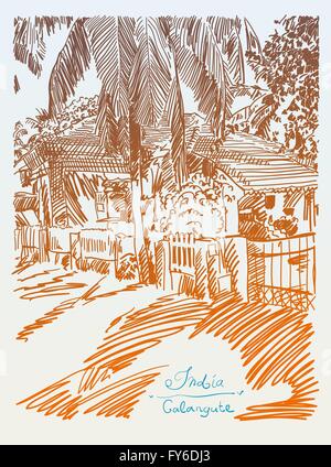 original drawing of India Goa Calangute Baga landscape street Stock Vector