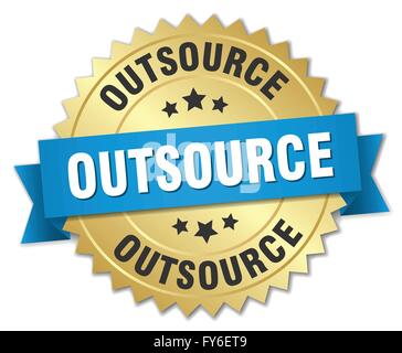 outsource 3d gold badge with blue ribbon Stock Vector