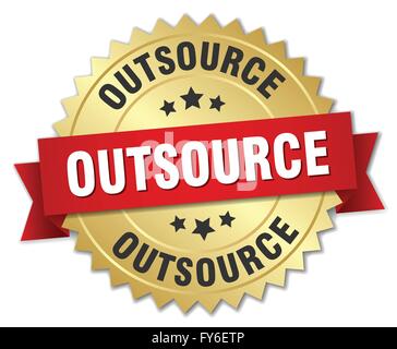 outsource 3d gold badge with red ribbon Stock Vector