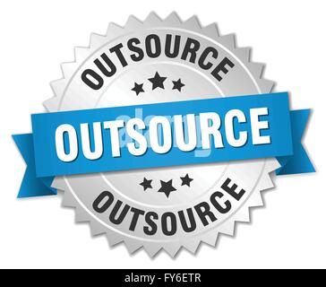 outsource 3d silver badge with blue ribbon Stock Vector