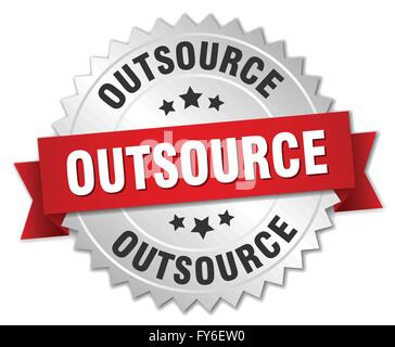 outsource 3d silver badge with red ribbon Stock Vector
