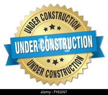 under construction 3d gold badge with blue ribbon Stock Vector