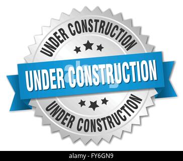 under construction 3d silver badge with blue ribbon Stock Vector