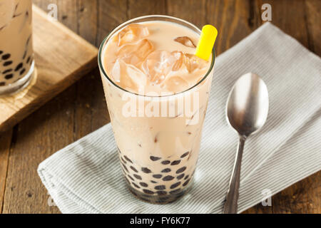 Homemade Milk Bubble Tea with Tapioca Pearls Stock Photo