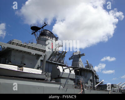 Historic USS Missouri Guns, radar, and satellite towers at midship docked in Pearl Harbor on Oahu, Hawaii. Stock Photo