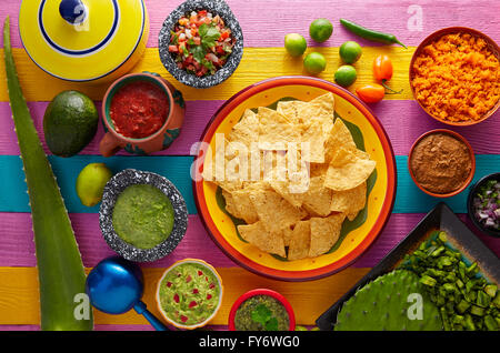 Nachos tortilla chips with mexican sauces on colorful table Stock Photo