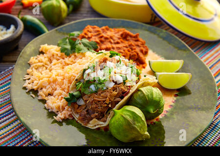 Mexican carnitas tacos with salsa and Mexico food ingredients Stock Photo