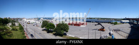 Portland Maine Panoramic of the port terminal and road leading into the city.  Taken from the Casco bridge Stock Photo