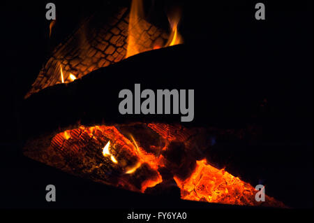 Blazing fire in a wood burning stove Stock Photo