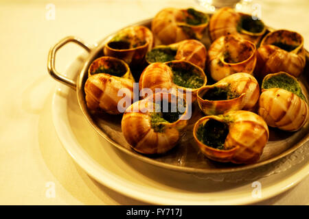 Burgundy style snails served in L'Escargot Montorgueil restaurant in Les Halles, Paris, France Stock Photo