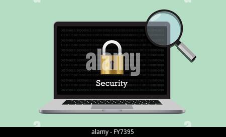 security illustration with padlock and laptop magnifying glass Stock Vector