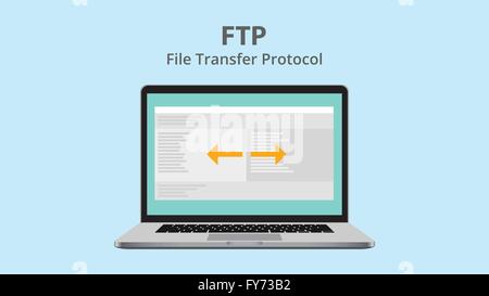 ftp file transfer protocol with data exchange on laptop Stock Vector