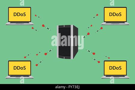 ddos attack illustration with laptop attacks a computer server Stock Vector