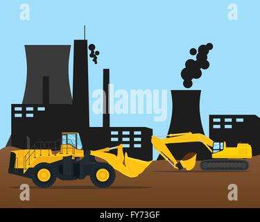 building factory construction development with bulldozer and sillhouttes Stock Vector