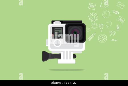gopro camera isolated with green background and icon data collection Stock Vector