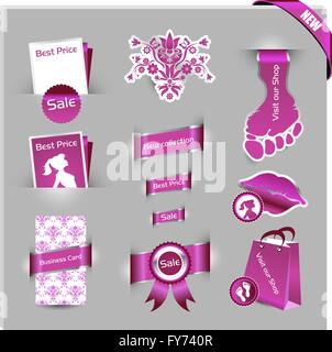 detailed pink label set for women shop and web shop, eps8, no transparencies, the cuts on the background are gradients, in this  Stock Vector